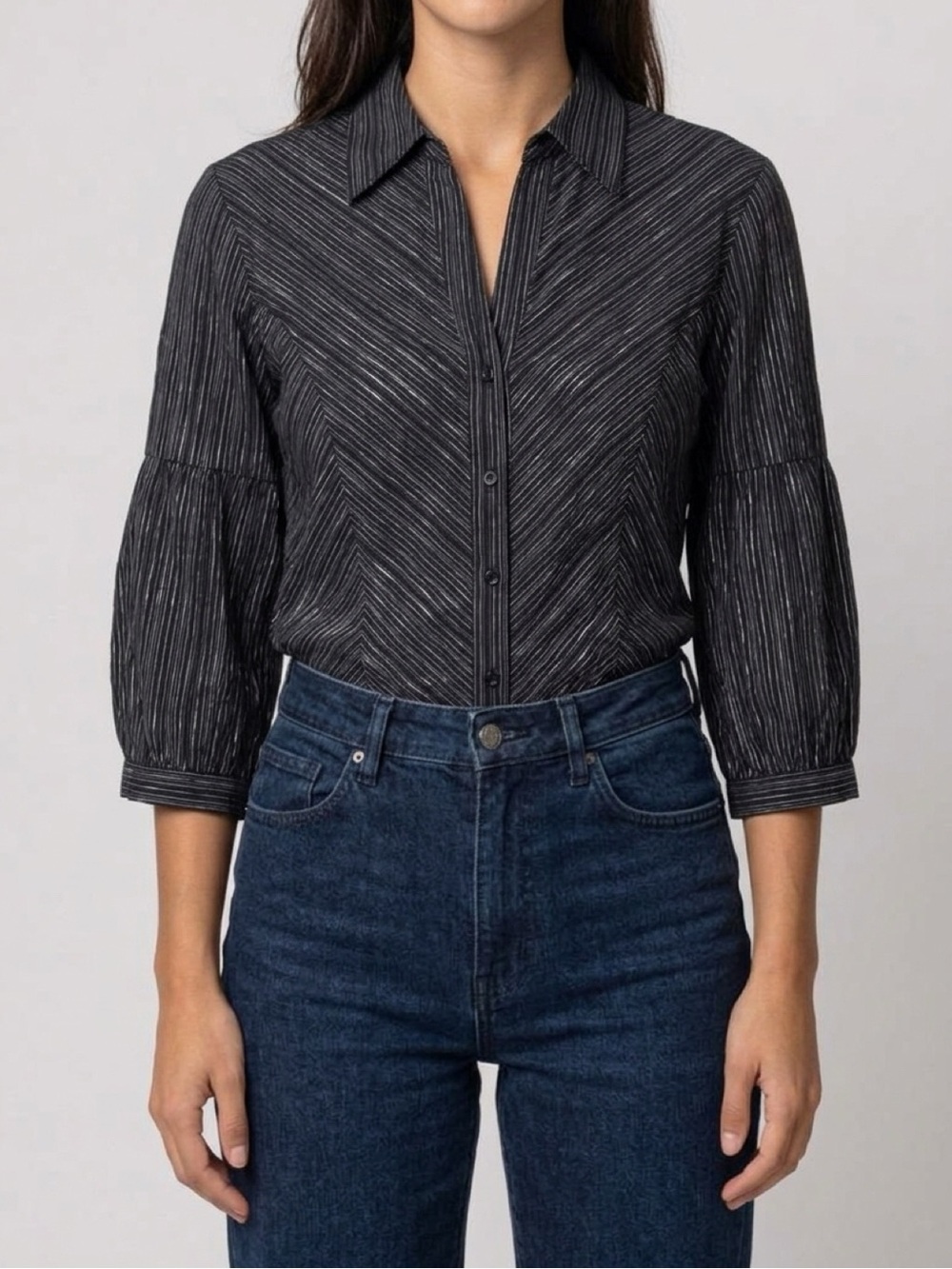 Worthington Black Striped Button-Front Metallic Stripe Blouse Size L